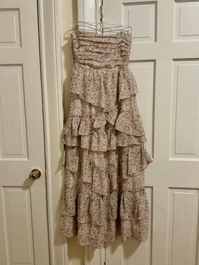 STORIA Strapless Floral Tiered Ruffle Maxi Dress Smocked Pink M